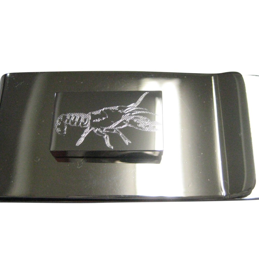 Silver Toned Rectangular Etched Crayfish Crawfish Crawdad Money Clip